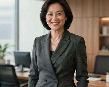 Portrait of a Southeast Asian woman in her 40s with a warm, friendly smile, dressed in elegant charcoal attire. She is standing in a brightly lit office with warm wooden accents.