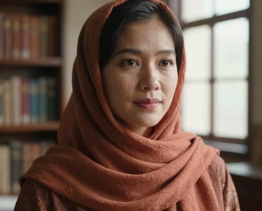 Portrait of a Southeast Asian woman with a kind expression, wearing a terracotta scarf. She is in a cinematic, sun-washed library or archival room in Jakarta.