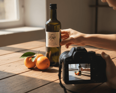 Bodegón mediterráneo con naranjas y aceite para agencia de marketing local