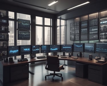 A stylish black-and-gold themed workspace with multiple screens displaying forex and crypto charts.