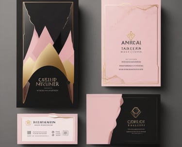 A sleek, modern brand kit layout featuring a bold logo, color swatches in blush and hot pink, and elegant typography samples with gold accents.