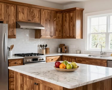 Bright, modern kitchen with natural wood cabinets and stone countertops.