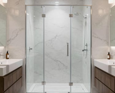 Cozy bathroom featuring a walk-in shower with glass doors and soft lighting.