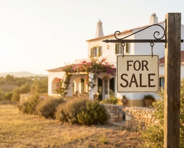 Rustic for sale sign hanging from a wooden post in front of a Mediterranean villa at sunset.