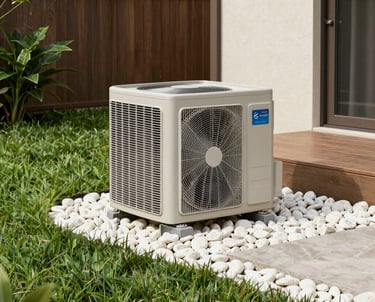 A beautiful residential backyard patio in the United States with a modern air conditioning condenser unit cleanly installed among decorative white stones and lush green grass.