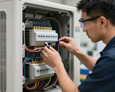 A technical specialist in safety glasses carefully checking electrical circuits and wiring inside a modern central cooling unit in a domestic workshop.