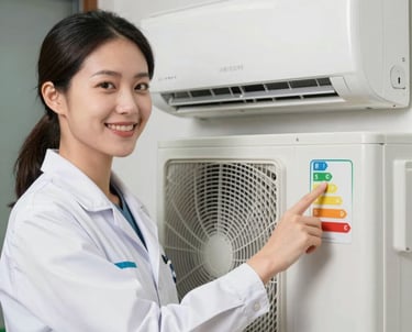 A friendly female technician smiling while pointing to an energy star efficiency tag on a brand new residential AC system, professional and trustworthy.