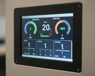A close-up shot of an advanced commercial digital wall control panel displaying real-time cooling metrics, optimal indoor humidity, and energy-saving modes.
