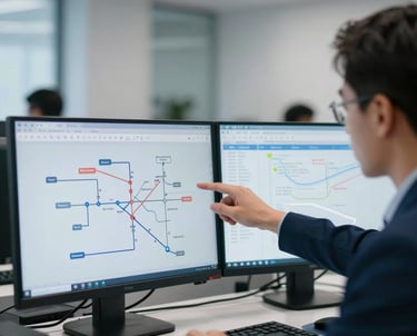A professional dispatch manager arranging service routes on dual monitor screens in a clean, modern commercial office with blue tone accents.