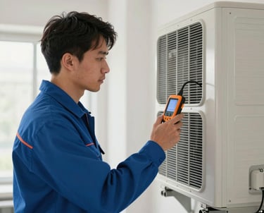 A clean-cut HVAC technician wearing a blue uniform inspecting an indoor air handler in a clean domestic utility room, holding a digital sensor.