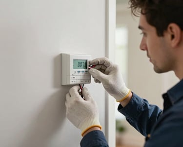 An HVAC installation expert in clean gloves wiring a digital smart climate wall thermostat in a residential North American house.