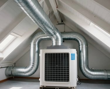 A pristine attic space showing high quality insulated cooling air ducts connected perfectly to a modern central cooling unit in a North American residence.