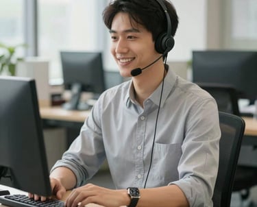 A helpful customer service representative sitting at a bright, tidy office desk wearing a telephone headset, smiling warmly, representing reliable support.