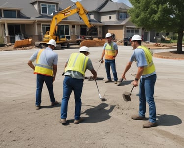 A group of drives4u employees collaborating outdoors near stacks of driveway materials on a sunny day.