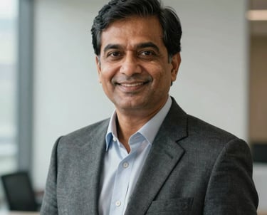 A professional and authoritative headshot of a mature South Asian man in a charcoal business suit, smiling confidently. Set against a minimalist corporate background with soft, natural lighting.