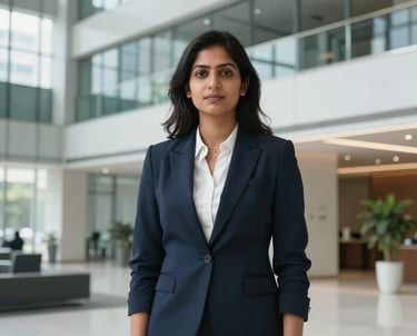 Professional portrait of a South Asian woman executive in a modern business blazer, standing in a bright, modern corporate lobby in Dhaka with glass and steel architecture in the background.