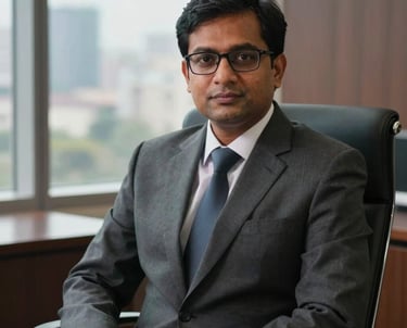 Professional portrait of a South Asian man in his 40s wearing a sharp suit and glasses, sitting in a refined office environment with a blurred view of Dhaka city visible through the window.