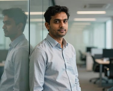 Professional portrait of a South Asian man in a smart-casual collared shirt, leaning against a minimalist glass wall in a tech-focused corporate office in Bangladesh.