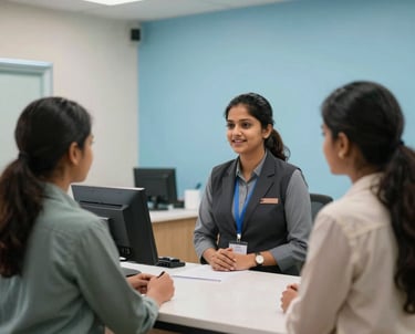 A modern, professional school office interior in India with a warm, welcoming South Asian / Indian receptionist talking to a parent, featuring clean layouts and sky blue accent walls.