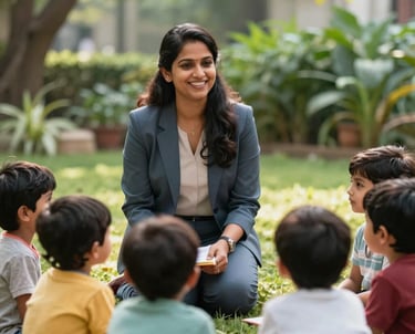 A professional South Asian / Indian female teacher in elegant smart-casual attire smiling warmly at a group of toddlers during an outdoor story-time session in a sun-drenched, lush green garden.