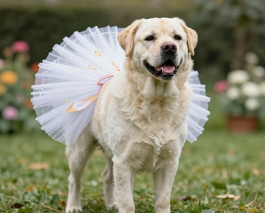 Un perro Labrador Retriever de color crema con un tutú de bailarina blanco está de pie en un jardín