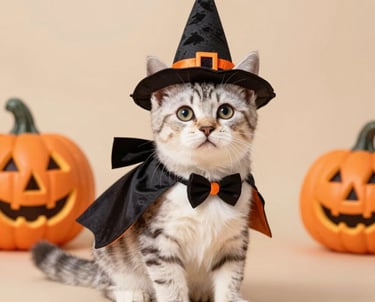 Un adorable gatito atigrado con un sombrero de bruja negro y una capa para Halloween, con calabazas