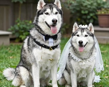 Dos huskies siberianos vestidos de novios en un jardín para una boda de mascotas.