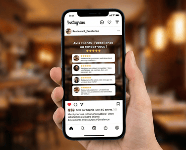 Illustration de la solution Notiia, transformation des avis en visuels réseaux sociaux