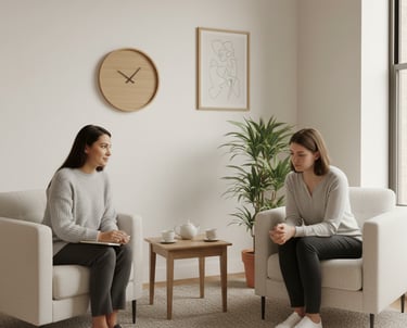 Psicóloga em consultório acolhedor conduz sessão com escuta ativa e abordagem analítica junguiana..