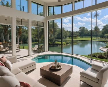 A bright, spacious Florida home interior showcasing elegant high-end furnishings and modern appliances.