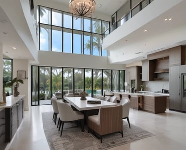 Comfortable living room with custom wood paneling, plush seating, and ambient lighting.