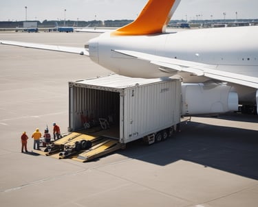 Cargo plane being loaded with temperature-controlled containers at Chennai airport.