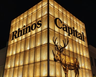 A sleek, modern luxury building framed by a sturdy rhinoceros sculpture symbolizing strength and stability.