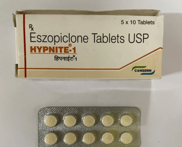 Blister pack and box of Hypnite-1 Eszopiclone Tablets USP 1 mg, a prescription sleep medication used for insomnia, displayed 