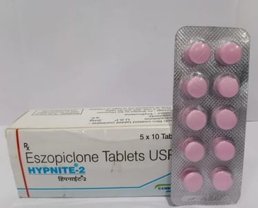 Blister pack and box of Hypnite-2 Eszopiclone Tablets USP 1 mg, a prescription sleep medication used for insomnia, displayed 