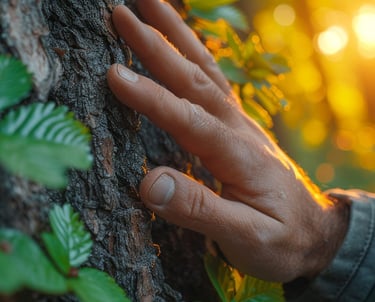 main d'homme posée avec délicatesse sur un tronc d'arbre