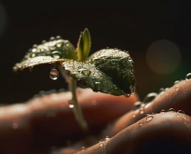 petit plant avec des perle d'eau sur ces feuilles, qui est tenu au creux d'une main