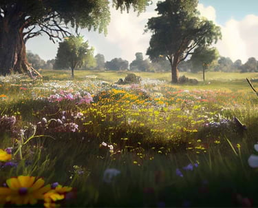 prairie fleurie avec des arbres, accès à la rubrique L’Alchimie des plantes