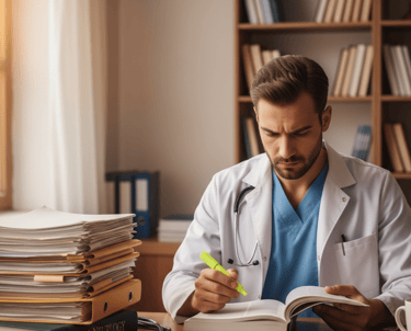 Male doctor in lab coat highlighting medical textbook at a desk with patient files.
