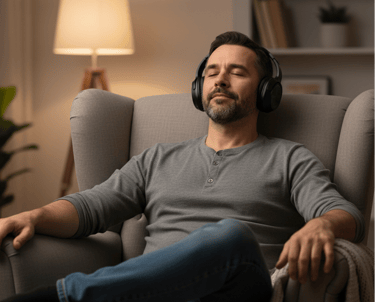 A man relaxing in a gray armchair while listening to music with wireless noise-canceling headphones.