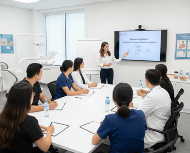 A dental professional presents tobacco cessation training to staff in a modern clinical boardroom.