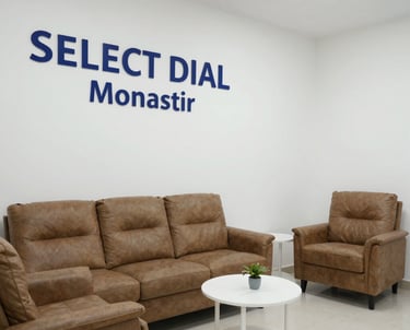 Modern clinic waiting area with comfortable medical chairs and soft lighting.
