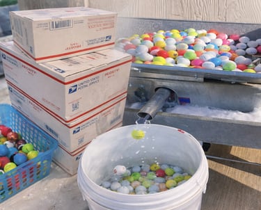 Used golf balls being cleaned in a sorting machine next to USPS Priority Mail shipping boxes.