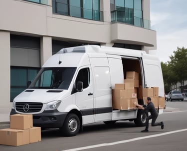 A courier driver loading packages into a sprinter van in a busy urban neighborhood.