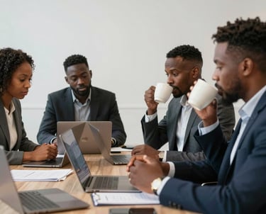 Four-panel video grid interface displaying live video calls with mute and share options.