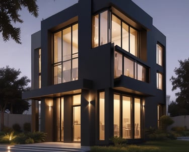 Elegant modern office space with dark tones and gold accents reflecting luxury real estate services.