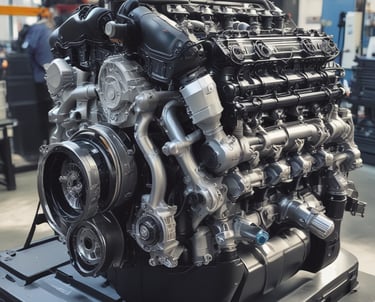 Engine components illuminated in blue light, showing modern technology.