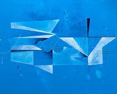 Cuadro abstracto contemporaneo en tonos azules con composicion geometrica