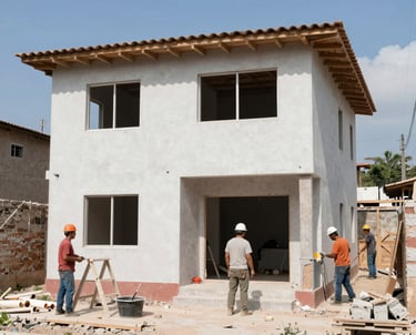 A professional construction team working on a modern commercial building site in San Salvador.