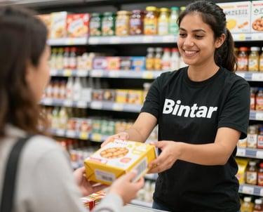 Delivery person handing over a grocery bag to a smiling customer at their doorstep.